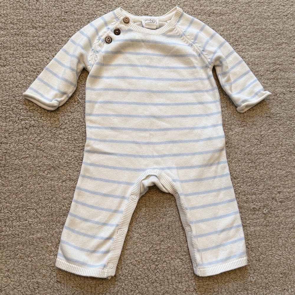 Mud Pie Baby Blue and Cream Striped Footie 0-3 months
